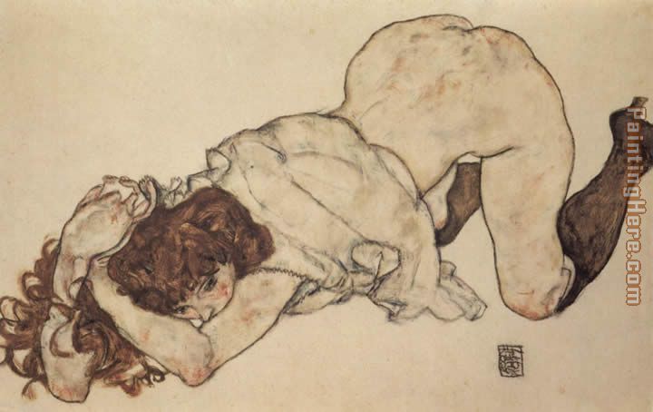 Kneeling girl on both elbows supported painting - Egon Schiele Kneeling girl on both elbows supported art painting